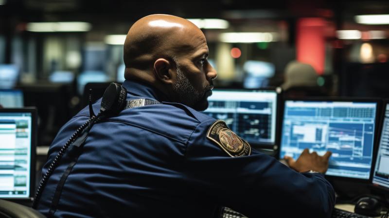 Rear view of first responder checking security on computer monitors